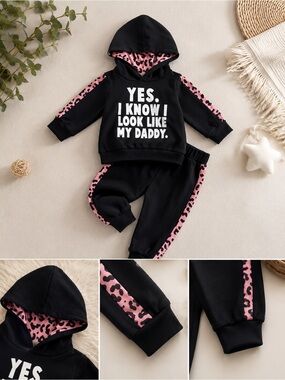 PatPat Black Hoodie and Joggers with Pink Leopard Trim